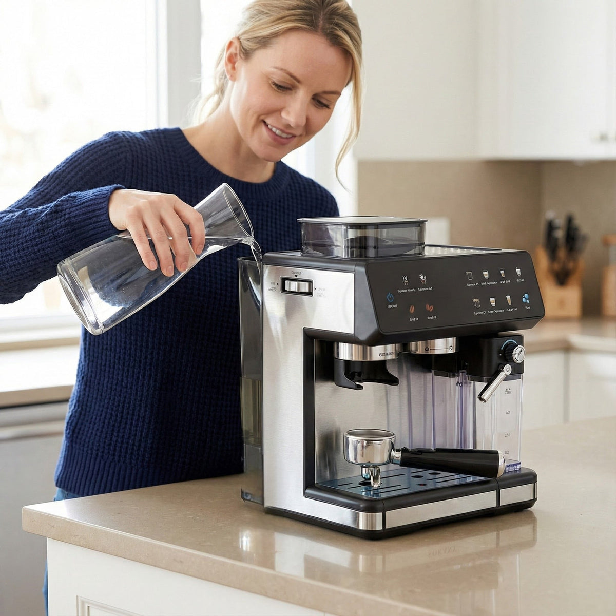 Espresso Machine with Integrated Grinder, Automatic Temperature Control and Programmable Coffee Strengths