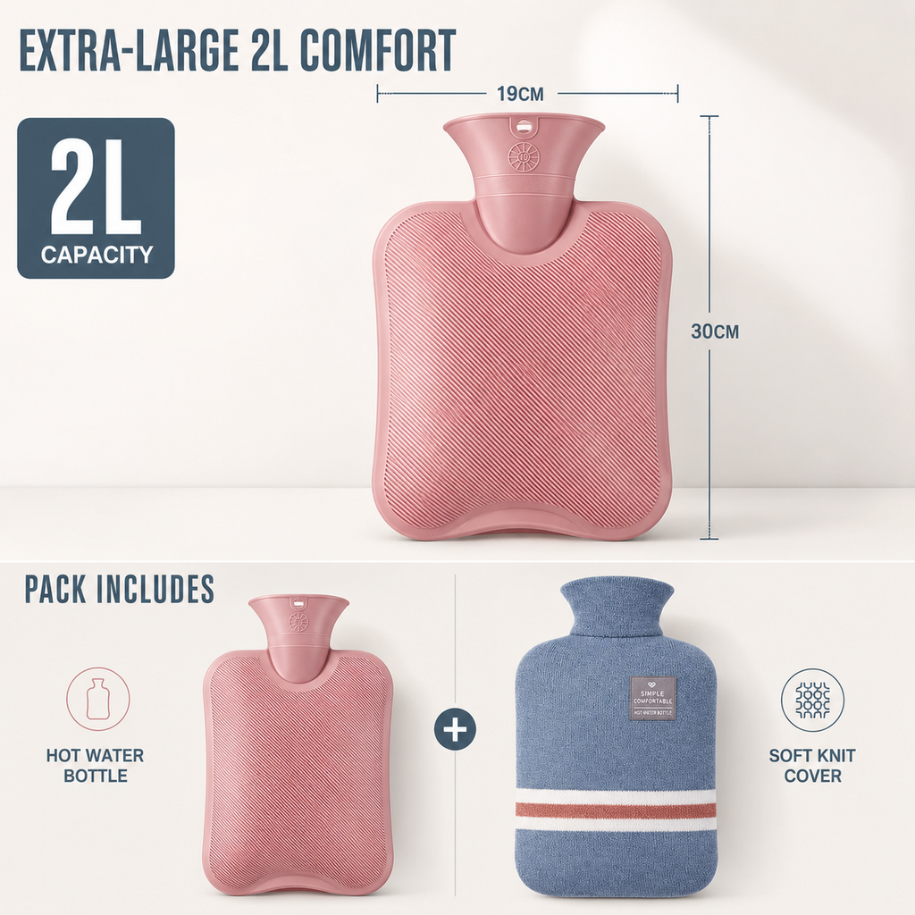 Extra Large Hot Water Bottle, 2-Litre PVC With Soft Knit Cover