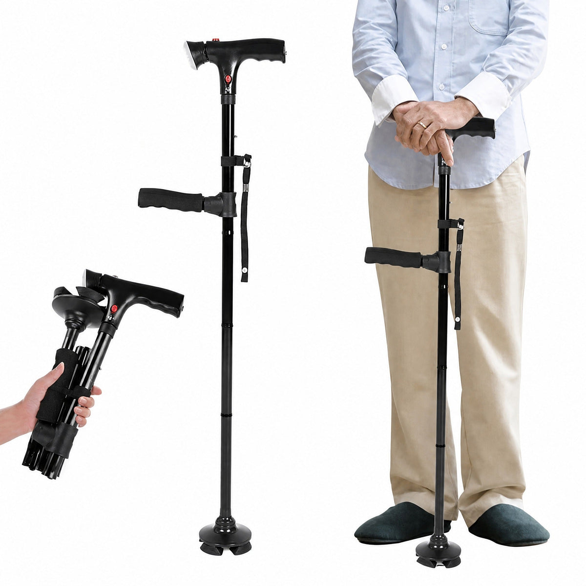 Folding walking stick with double handle, alarm and integrated torch