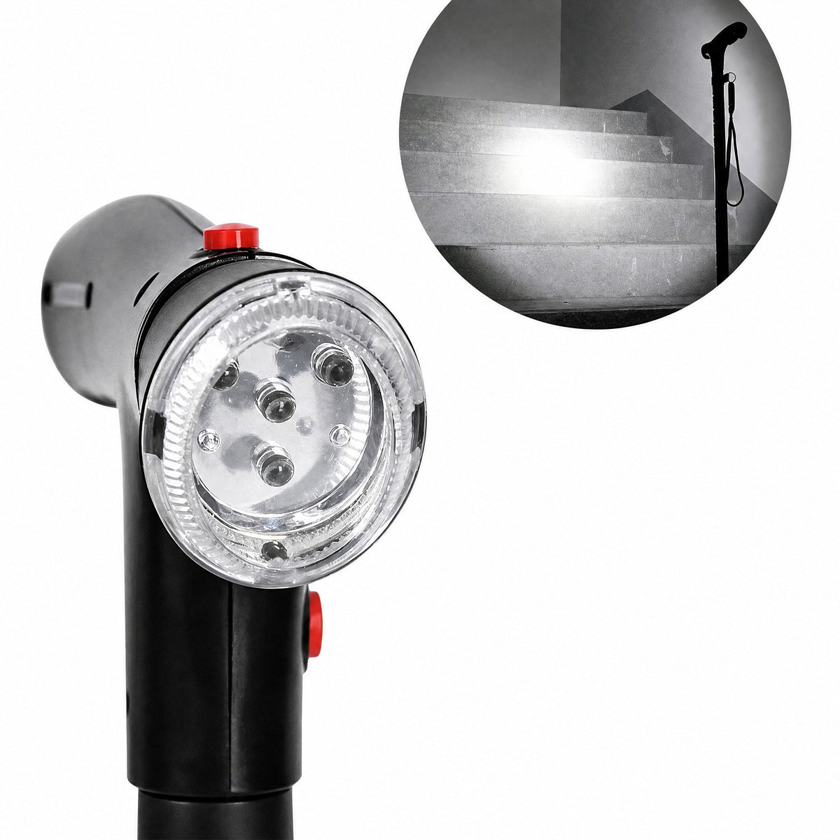 Folding walking stick with double handle, alarm and integrated torch