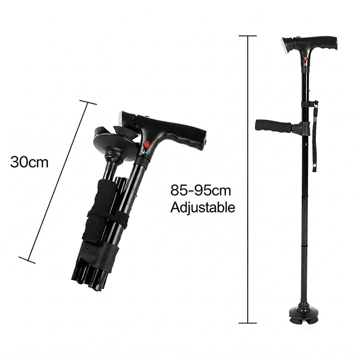 Folding walking stick with double handle, alarm and integrated torch