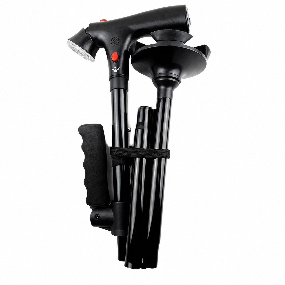 Folding walking stick with double handle, alarm and integrated torch