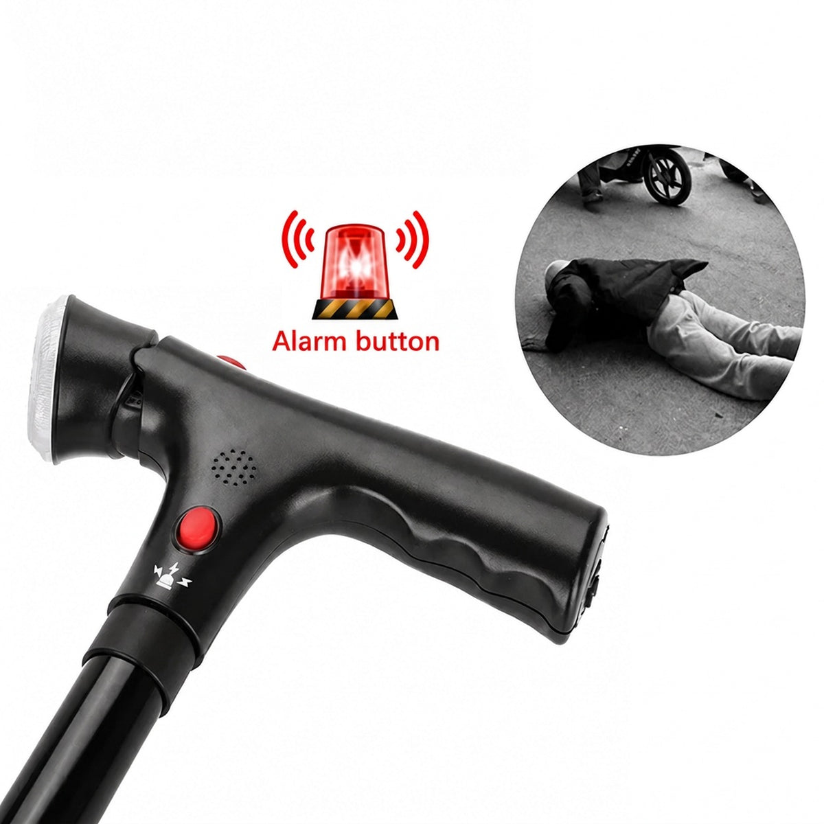 Folding walking stick with double handle, alarm and integrated torch