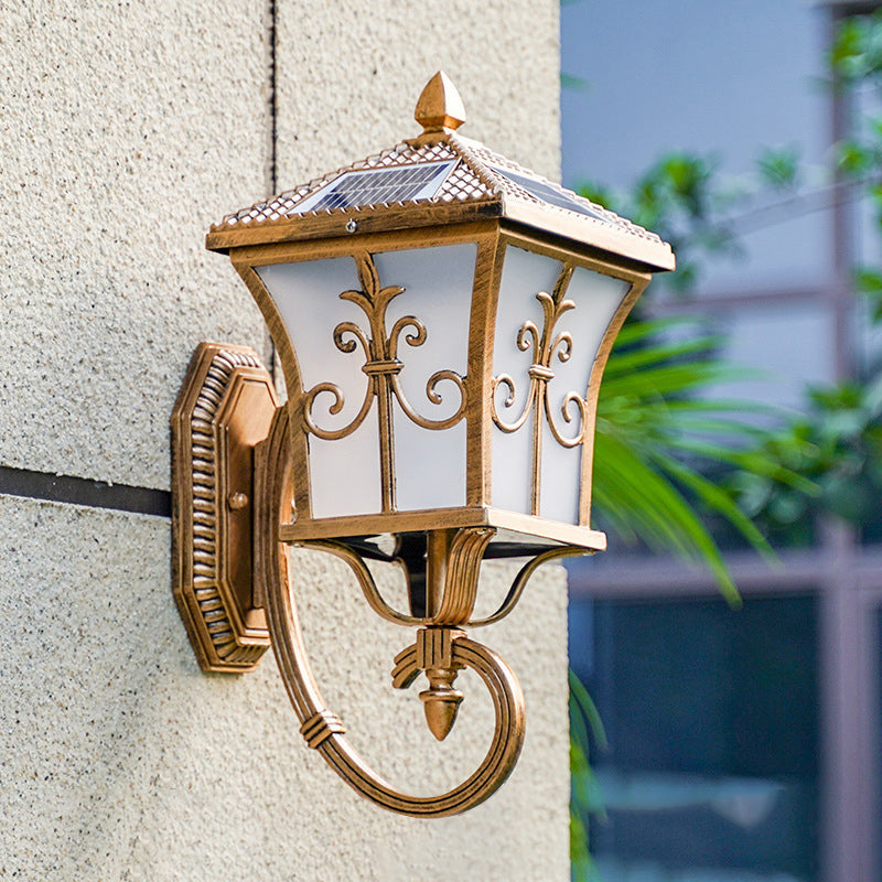 Frosted Glass Curved Lantern Wall Light – Traditional Terrace Solar LED Wall Lamp