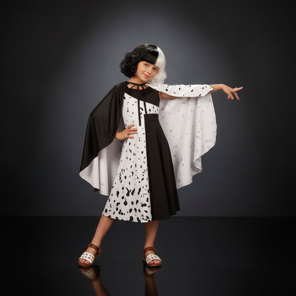 Girls' Halloween costume, black and white Dalmatian spot dress with cape, polyester, feather mask and two-tone wig to ch