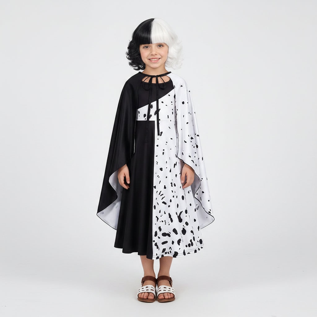 Girls' Halloween costume, black and white Dalmatian spot dress with cape, polyester, feather mask and two-tone wig to ch
