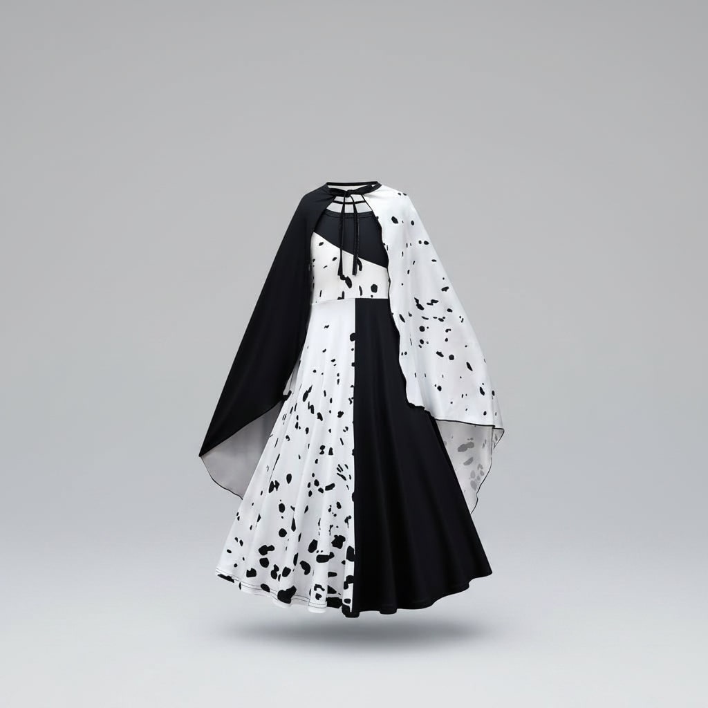 Girls' Halloween costume, black and white Dalmatian spot dress with cape, polyester, feather mask and two-tone wig to ch