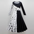 Girls' Halloween costume, black and white Dalmatian spot dress with cape, polyester, feather mask and two-tone wig to ch