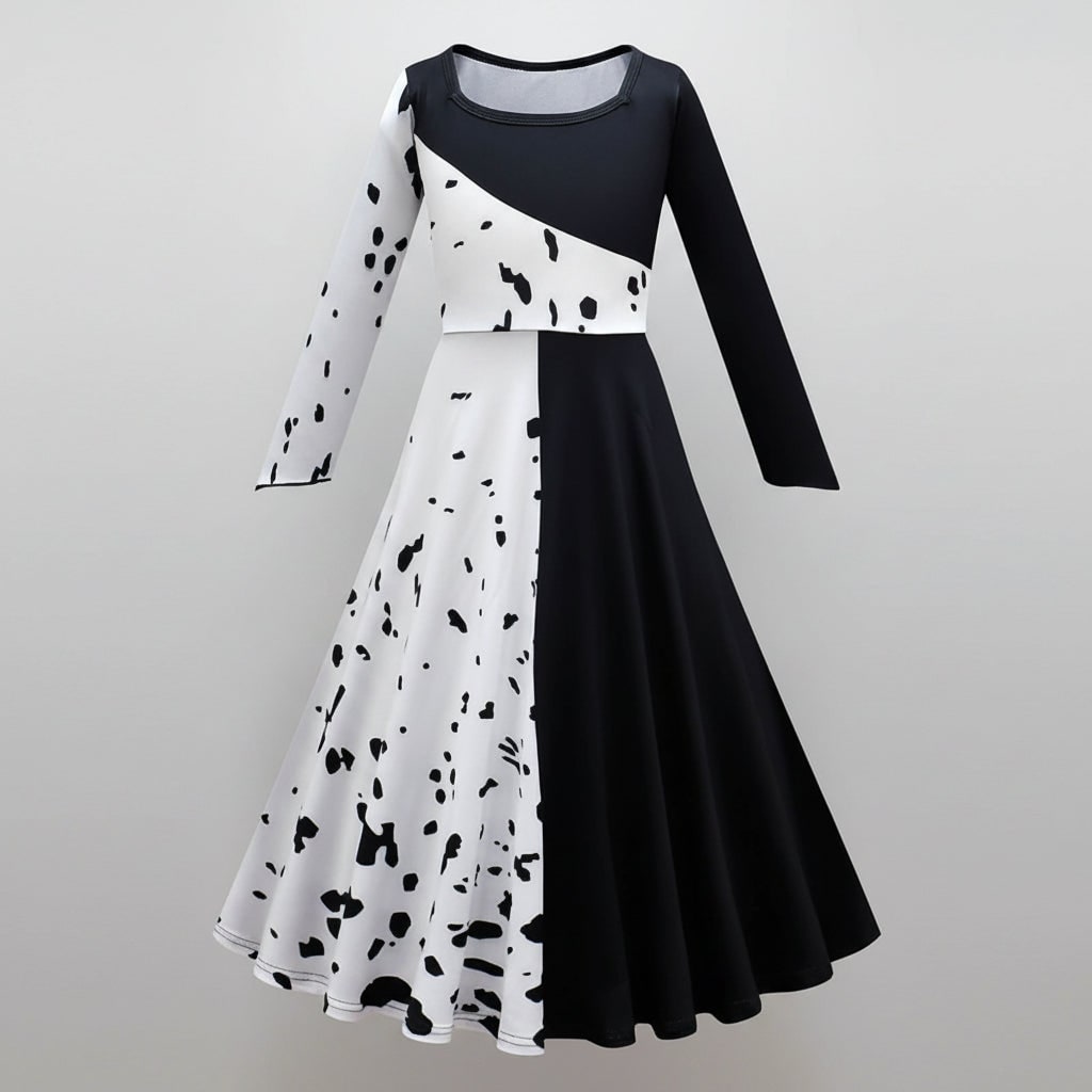 Girls' Halloween costume, black and white Dalmatian spot dress with cape, polyester, feather mask and two-tone wig to ch