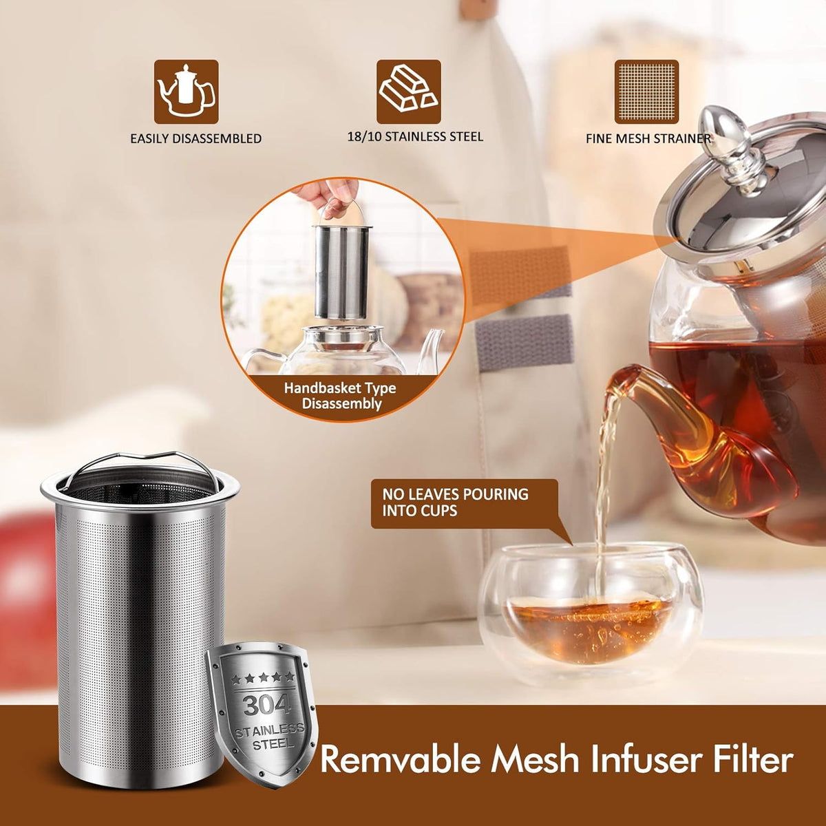 Glass Teapot with Removable Infuser | 1 Litre Borosilicate Glass, Non-Drip Spout | Blooming & Loose Leaf Tea Brewer