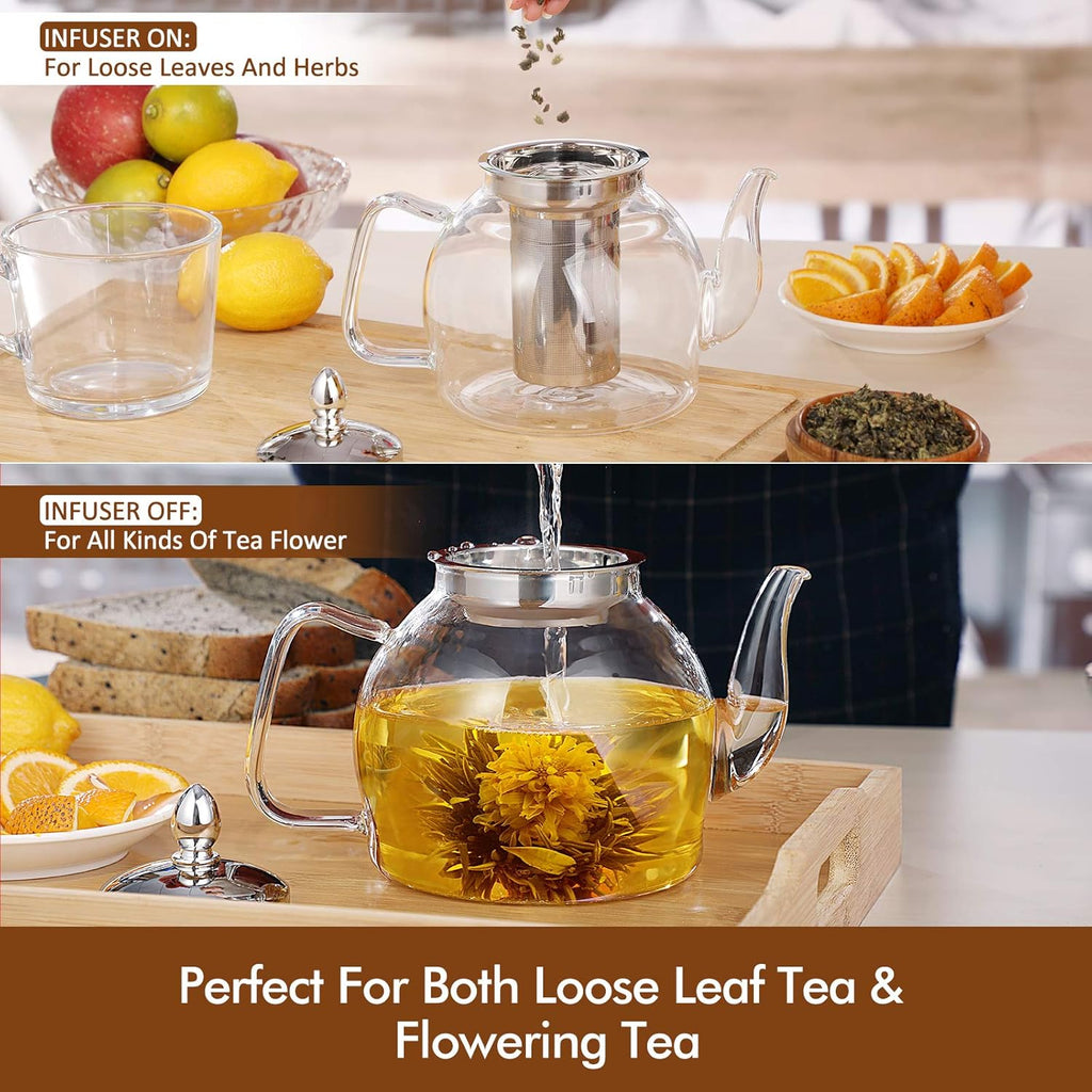 Glass Teapot with Removable Infuser | 1 Litre Borosilicate Glass, Non-Drip Spout | Blooming & Loose Leaf Tea Brewer