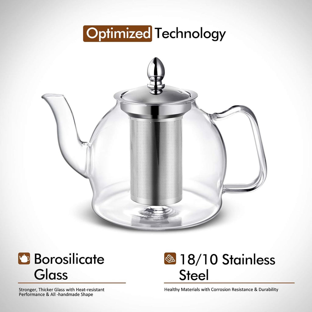 Glass Teapot with Removable Infuser | 1 Litre Borosilicate Glass, Non-Drip Spout | Blooming & Loose Leaf Tea Brewer