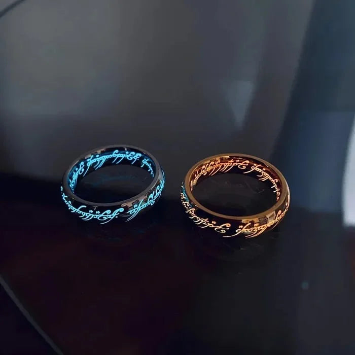 Glow in the dark ring with engraved fantasy rune script nickel-free hypoallergenic light absorbing fashion ring band