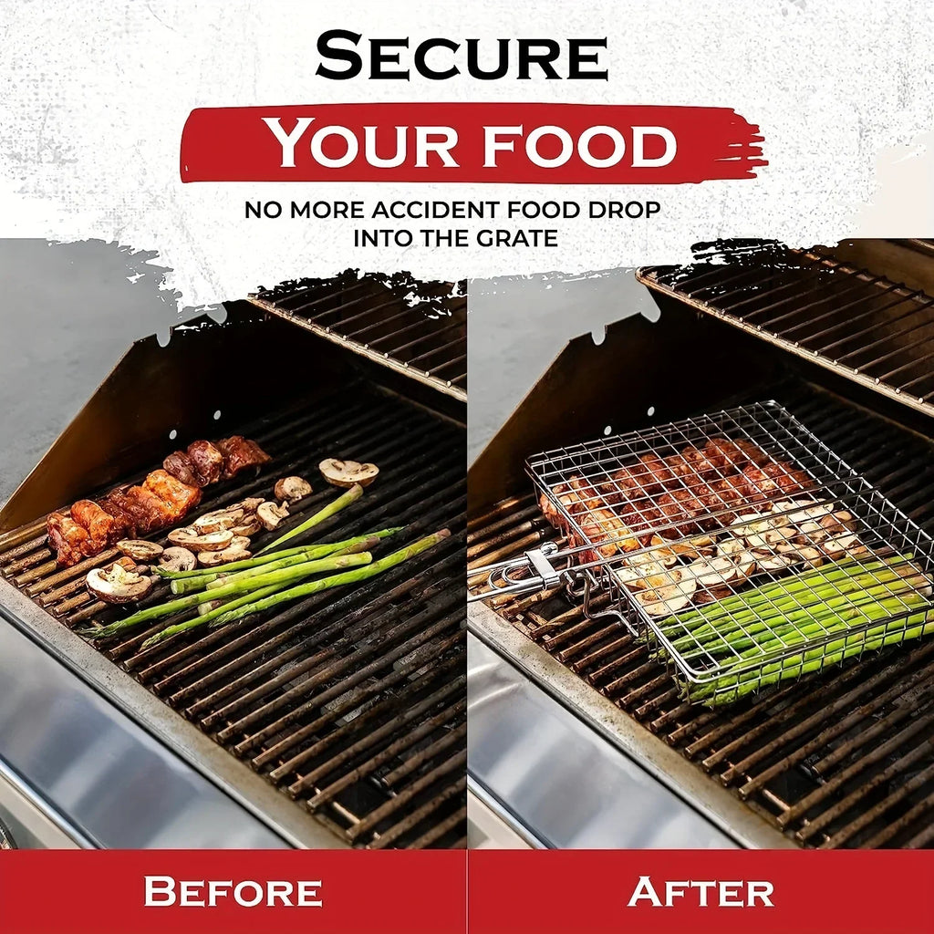 Grillaro Foldable BBQ Basket – Non-Stick Stainless Steel Grill Basket for Meat & Vegetables