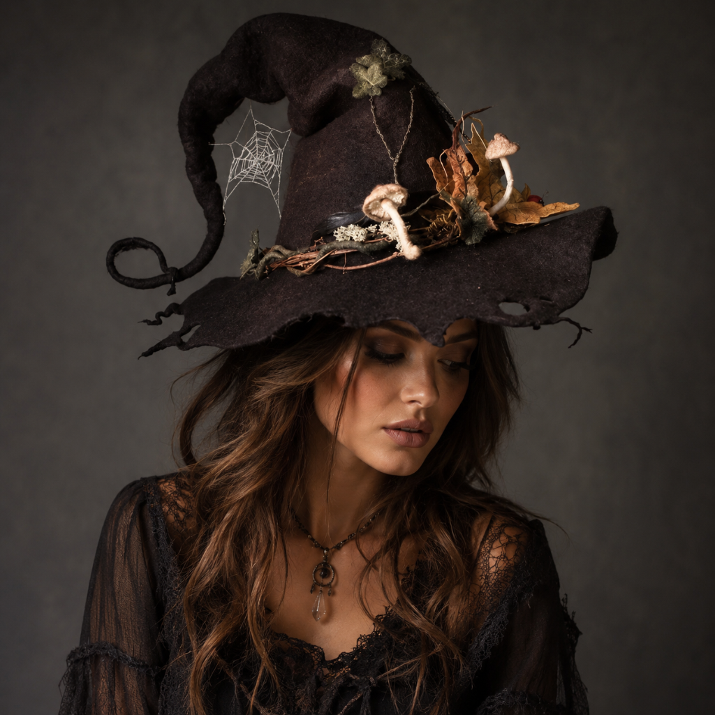 Halloween Witch Hat Felt with Curved Point and Fantasy Decorations