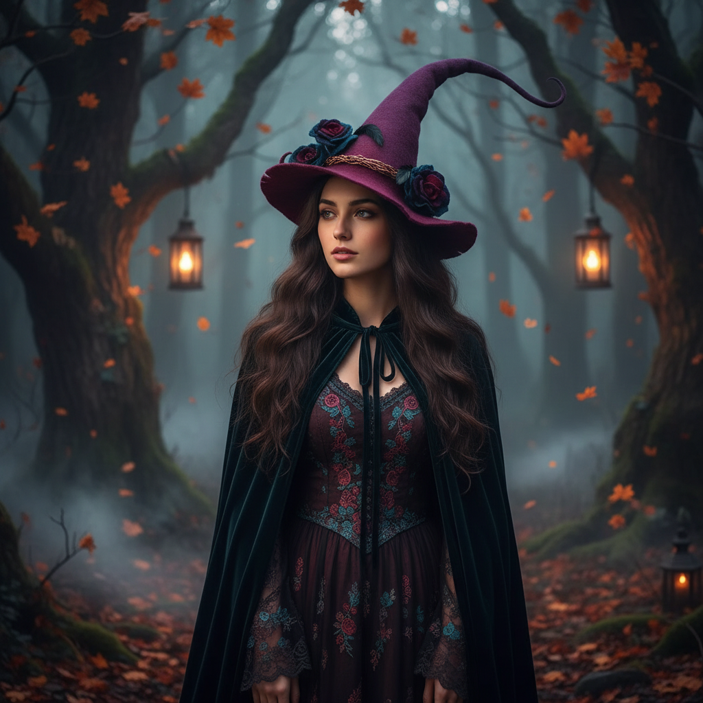 Halloween Witch Hat Felt with Curved Point and Fantasy Decorations