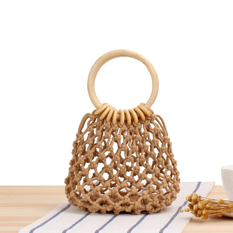Hand-Knotted Net Tote Bag with Wooden Handle