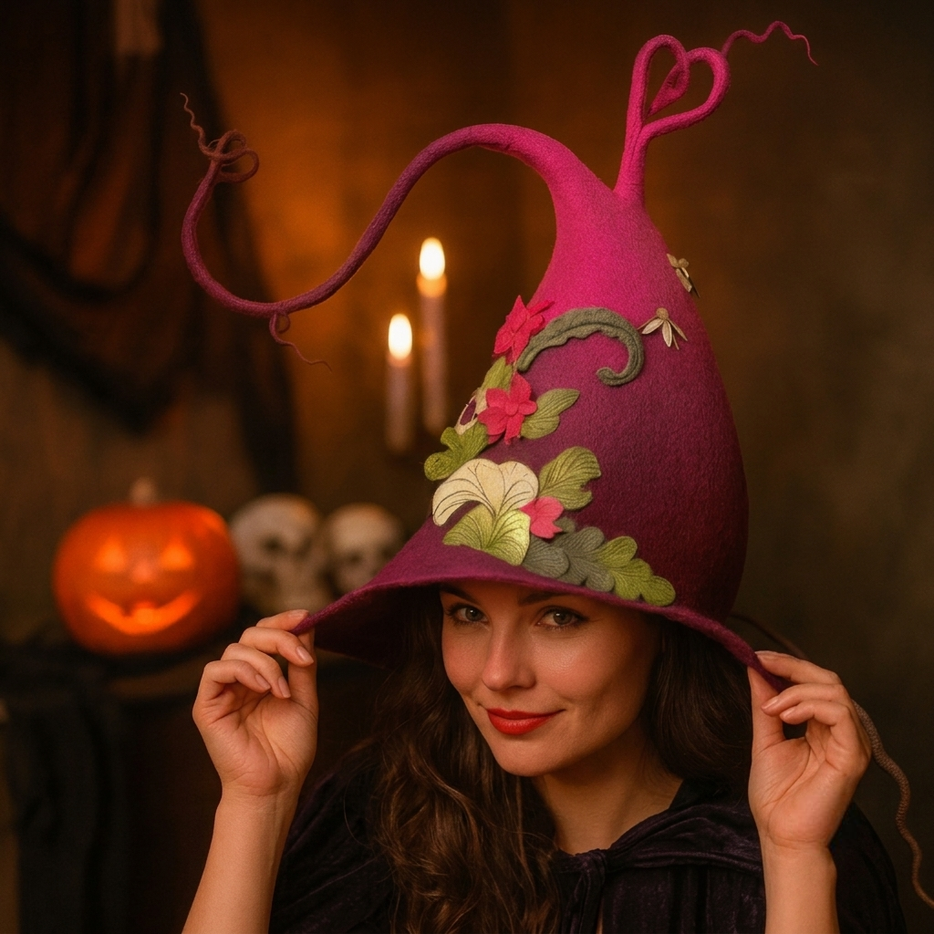 Handmade Merino Wool Felt Witch Hat — Adjustable Adult Halloween Costume