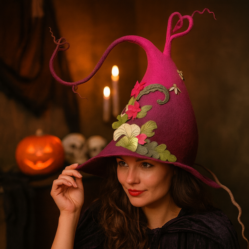 Handmade Merino Wool Felt Witch Hat — Adjustable Adult Halloween Costume