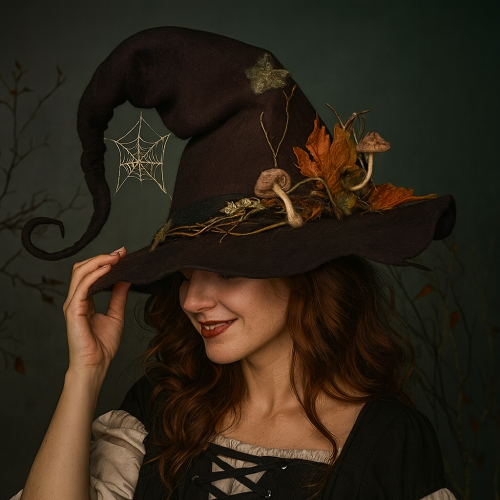 Handmade Merino Wool Felt Witch Hat — Adjustable Adult Halloween Costume