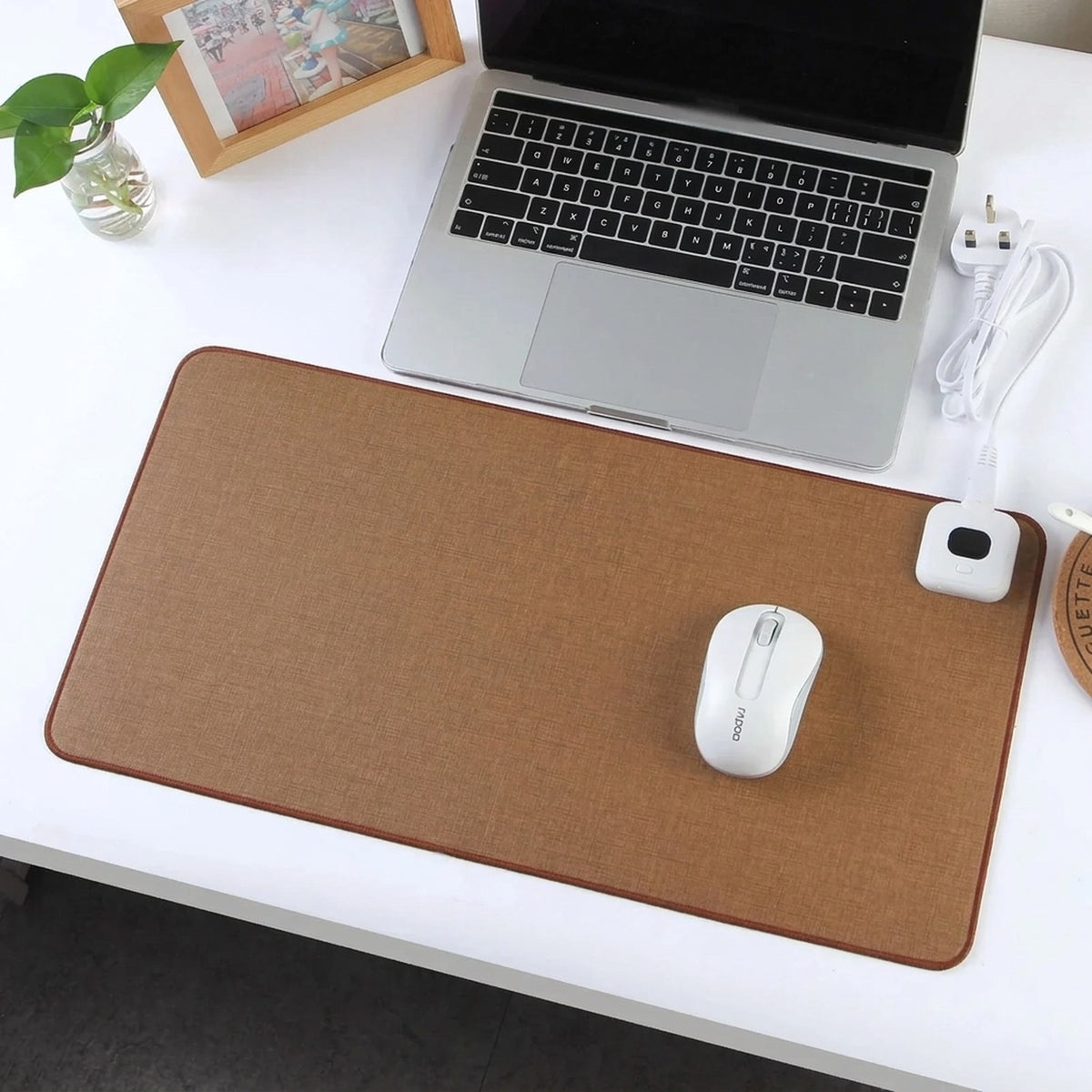 Heated Desk Pad with Adjustable Temperature Control and Stitched Linen Surface Office