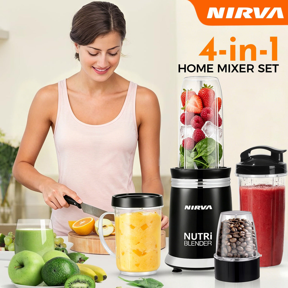 High-Power Multi-Functional Electric Blender with Chopper and Juicing Attachments