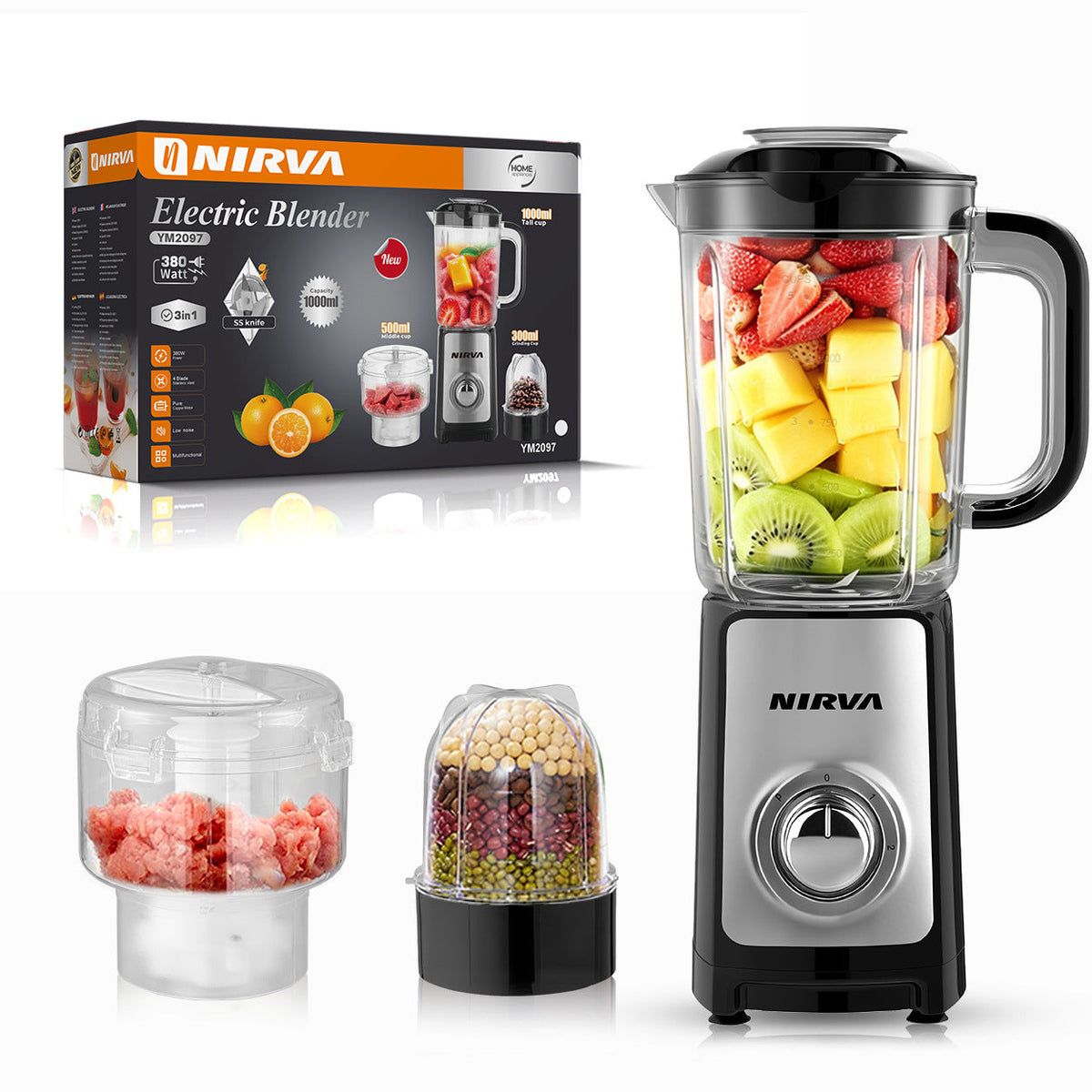 High-Power Multi-Functional Electric Blender with Chopper and Juicing Attachments