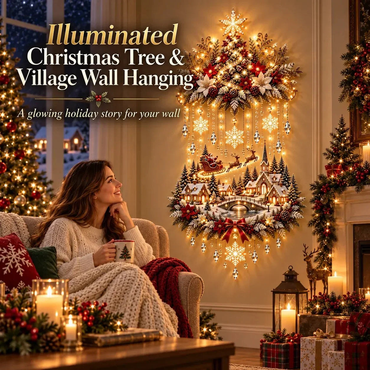 Illuminated Christmas Wall Art Tree Wall Hanging with Warm LED Lights