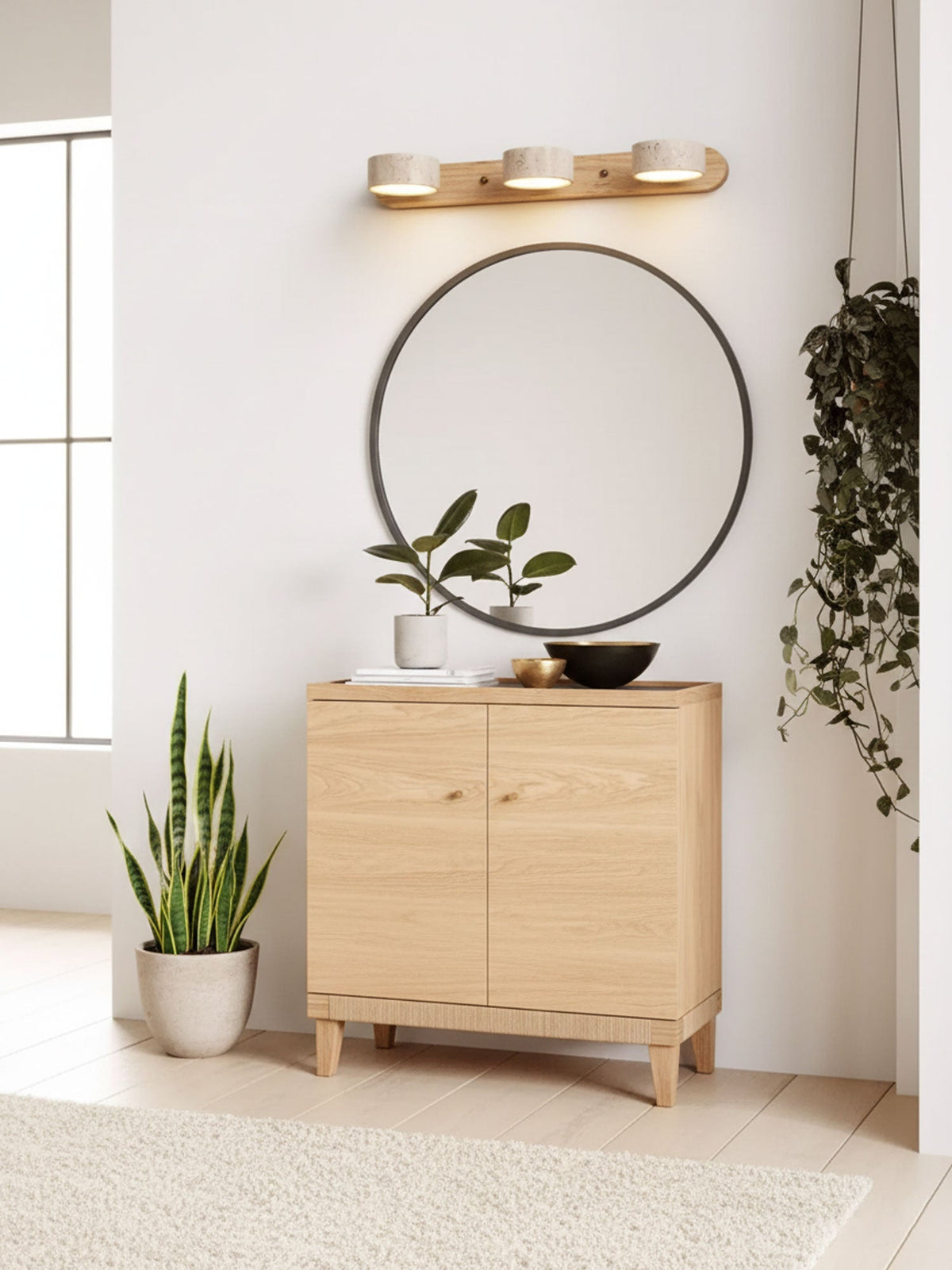 Indoor Duo Sconce with Yellow Travertine and Wood Finish