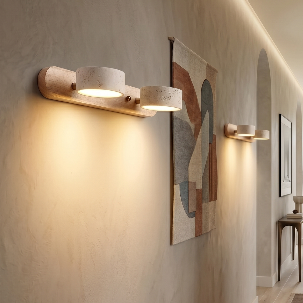 Indoor Duo Sconce with Yellow Travertine and Wood Finish