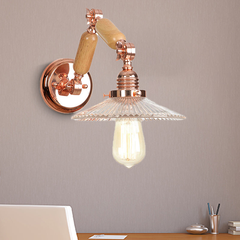 Industrial Wall Light with Clear Prismatic Glass Conical Shade and Curved Arm