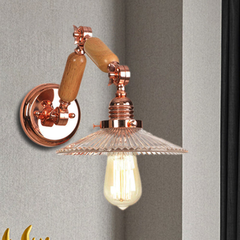 Industrial Wall Light with Clear Prismatic Glass Conical Shade and Curved Arm