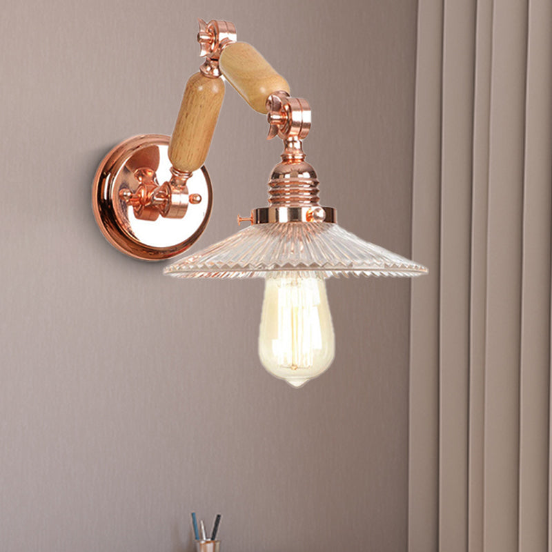 Industrial Wall Light with Clear Prismatic Glass Conical Shade and Curved Arm