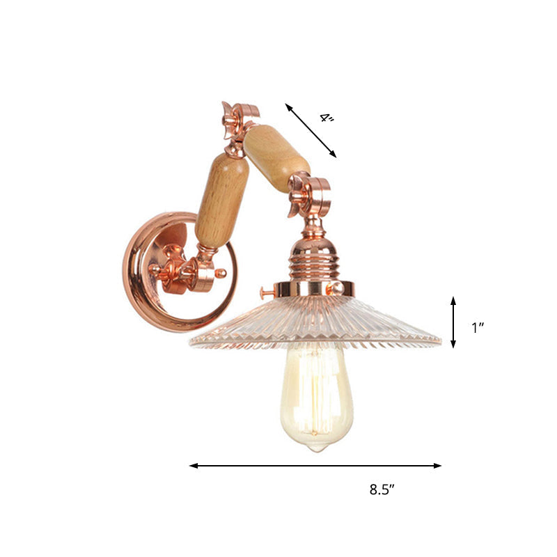 Industrial Wall Light with Clear Prismatic Glass Conical Shade and Curved Arm