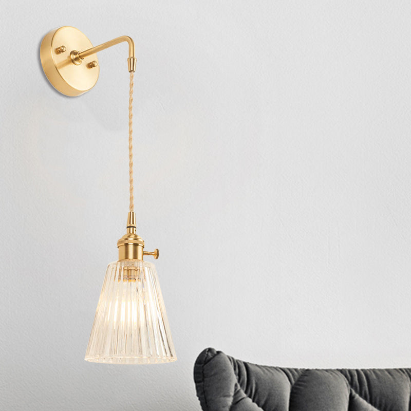 Industrial wall light with textured glass conical shade