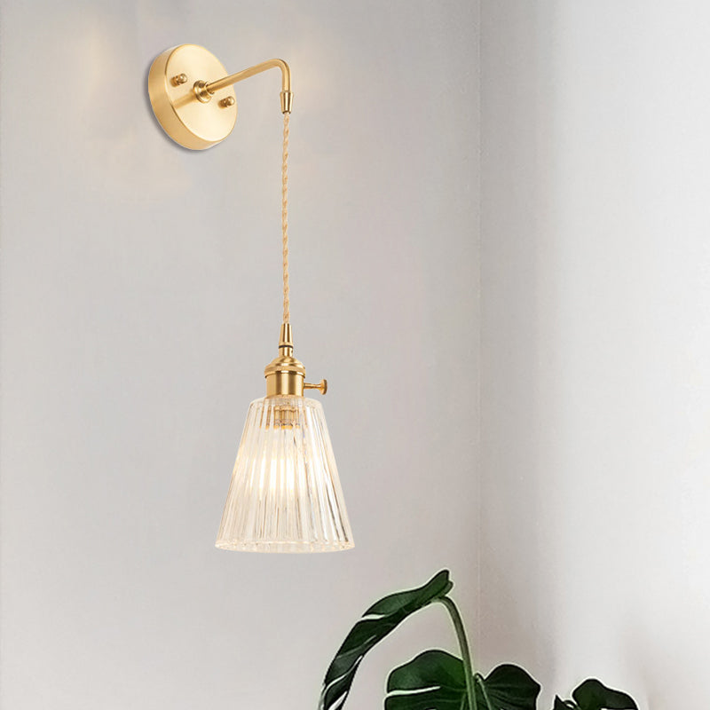 Industrial wall light with textured glass conical shade
