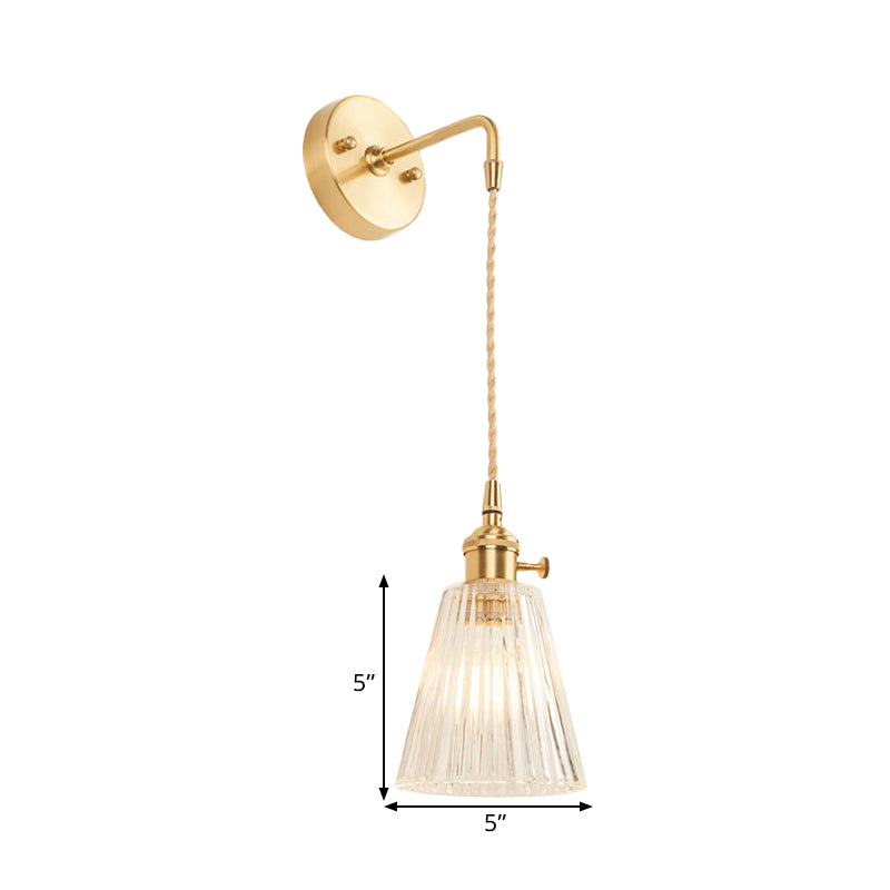 Industrial wall light with textured glass conical shade