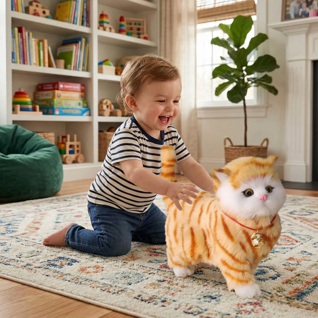 Interactive Realistic Tabby Robot Kitten, Walking and Meowing Robot Cat