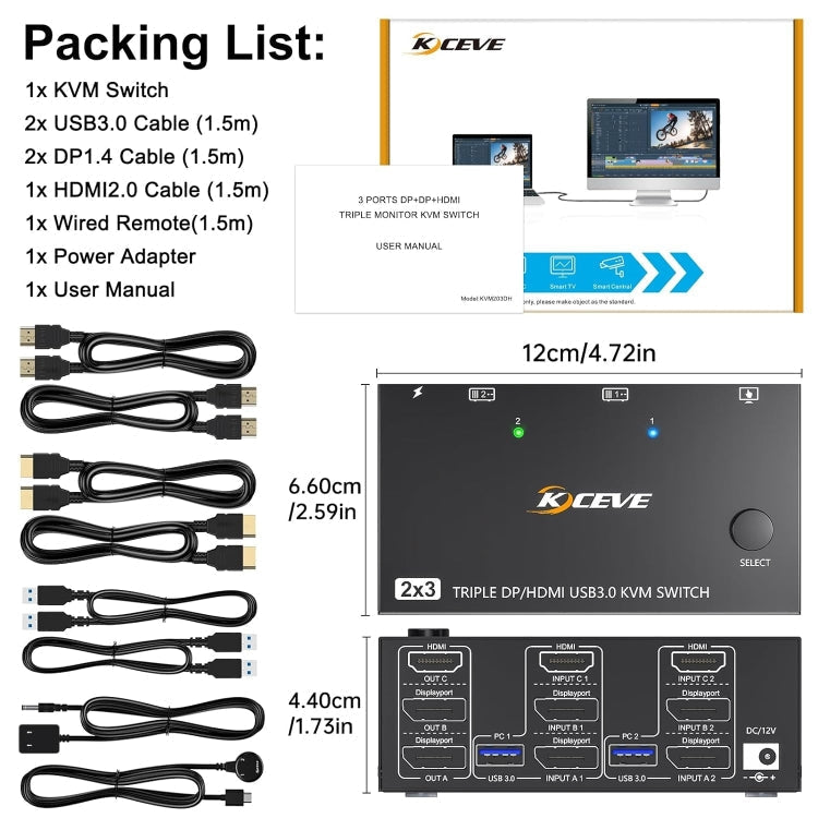 KC-KVM203DH 8K 30Hz USB 3.0 DP+DP+HDMI Triple Monitor KVM Switch