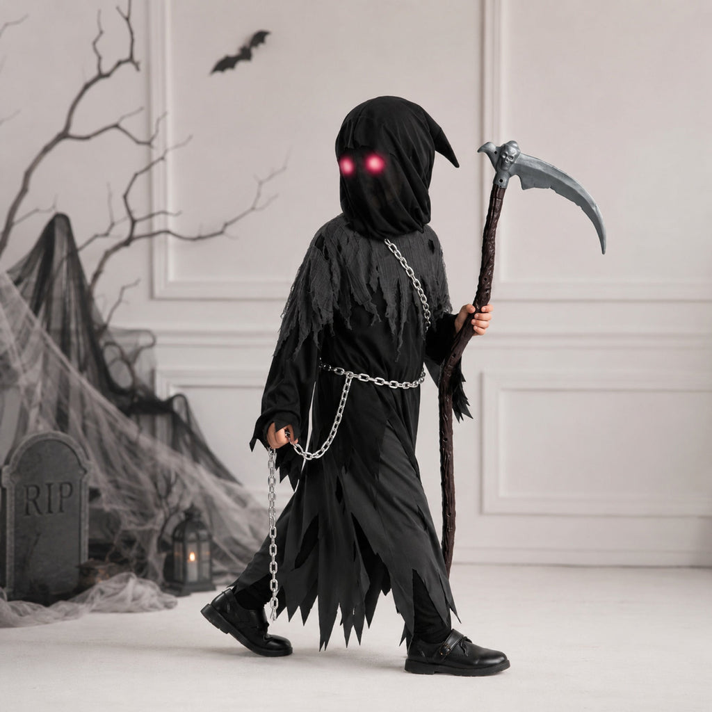 Kids Halloween Costume Grim Reaper Hooded Robe Set With Glowing Eyes