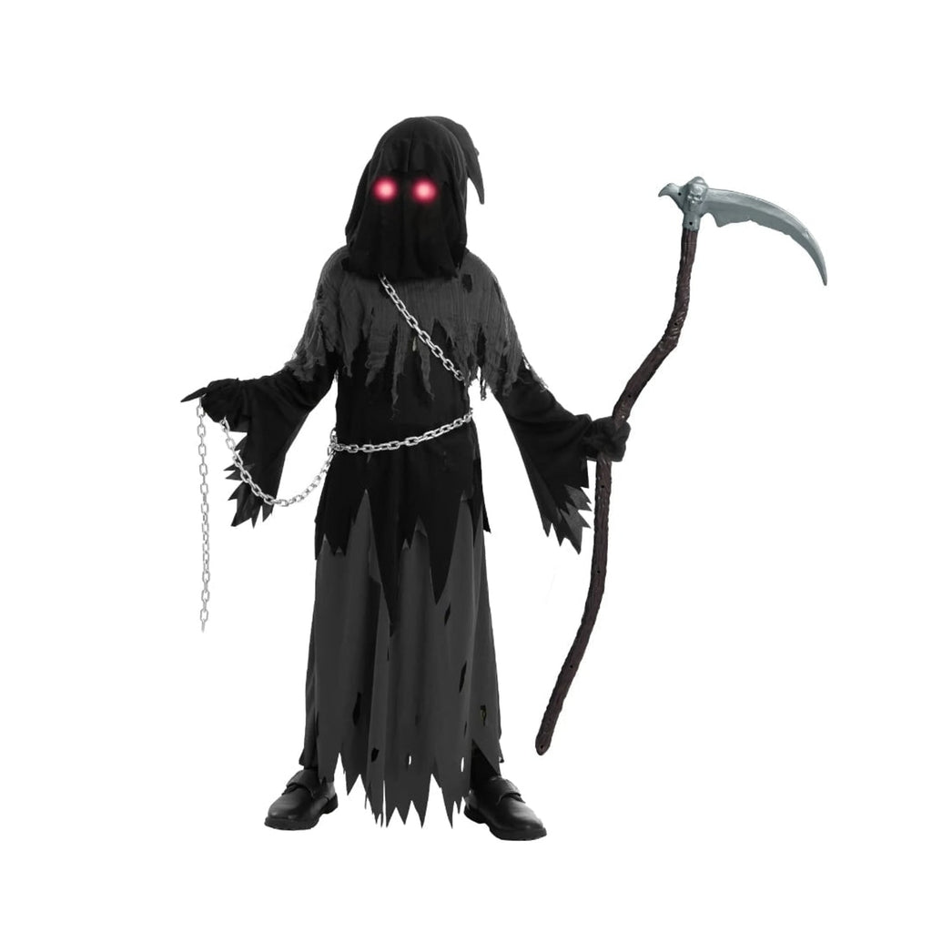 Kids Halloween Costume Grim Reaper Hooded Robe Set With Glowing Eyes