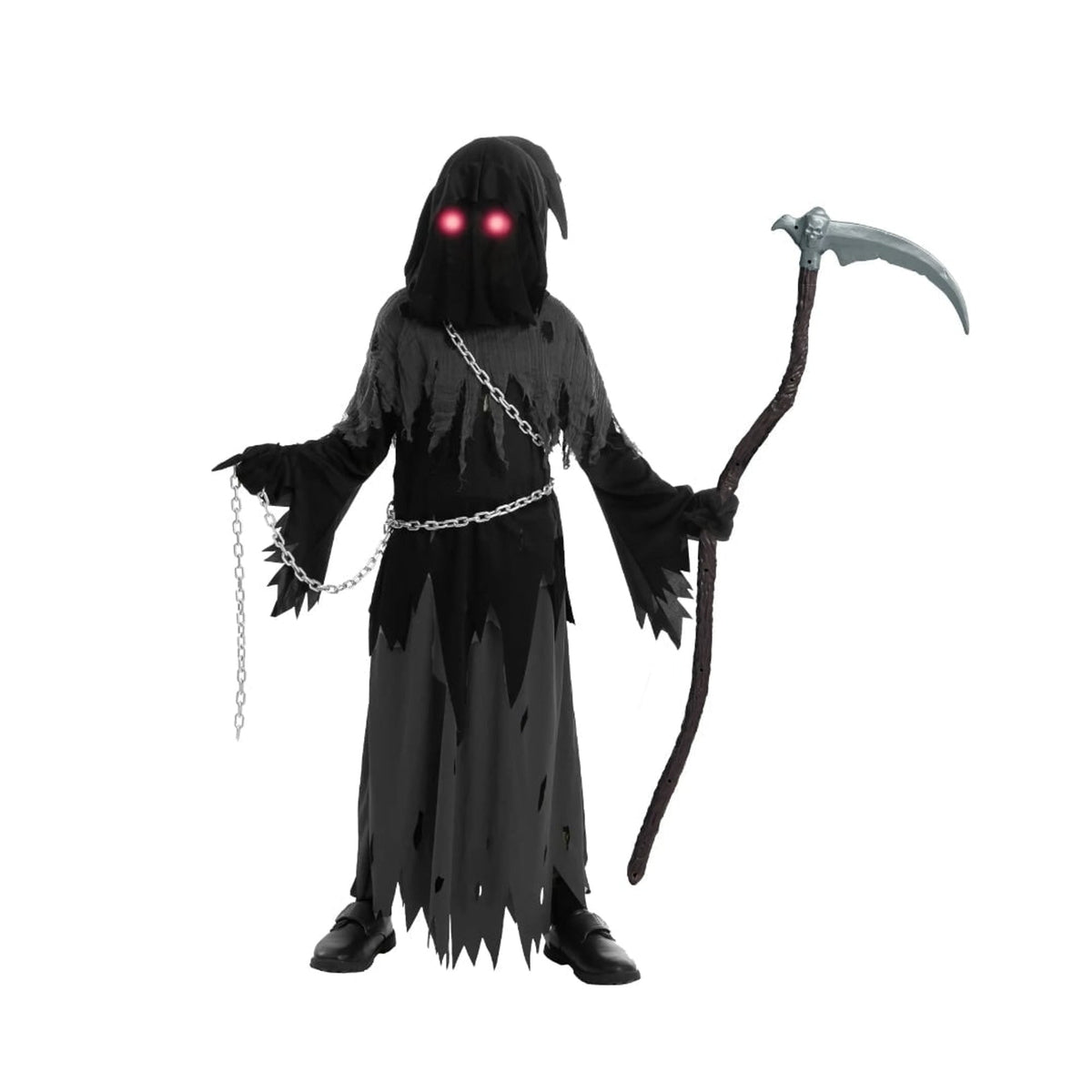 Kids Halloween Costume Grim Reaper Hooded Robe Set With Glowing Eyes