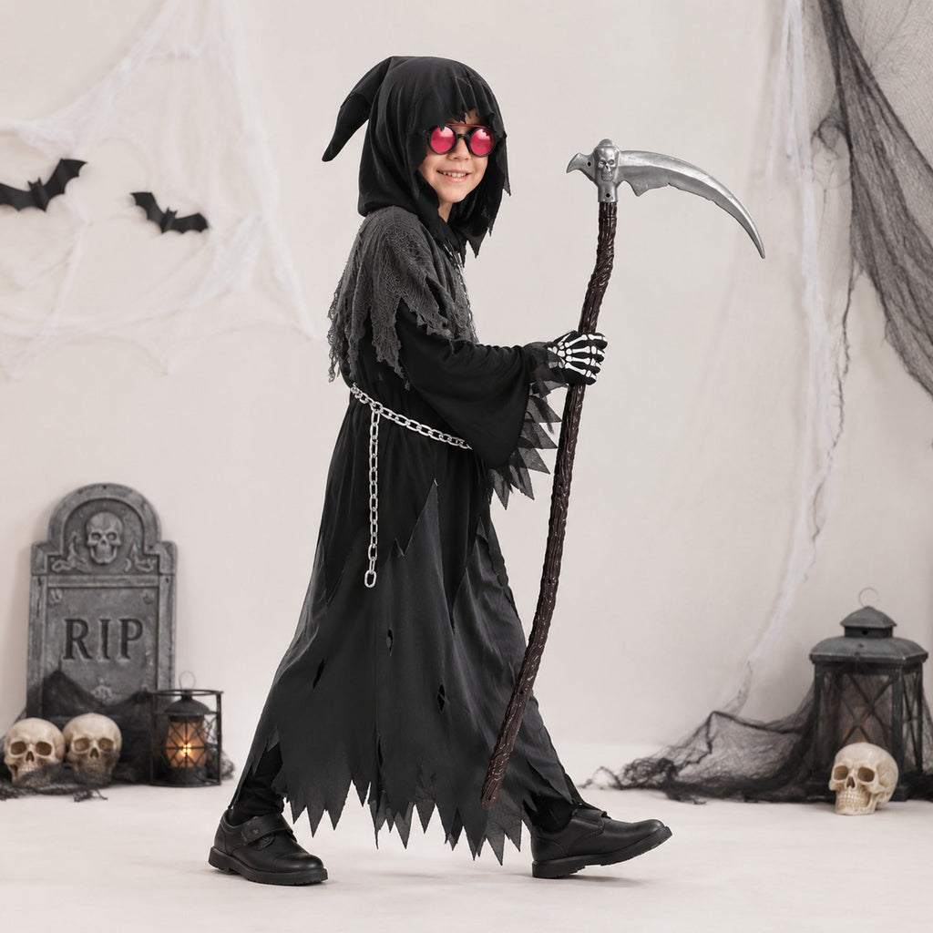 Kids Halloween Costume Grim Reaper Hooded Robe Set With Glowing Eyes