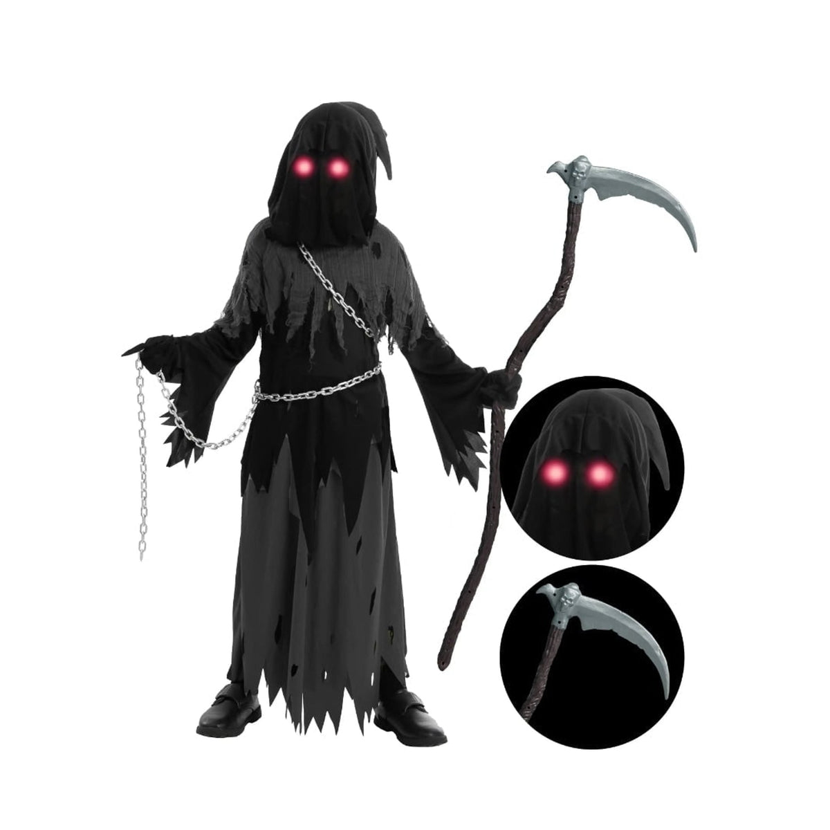 Kids Halloween Costume Grim Reaper Hooded Robe Set With Glowing Eyes