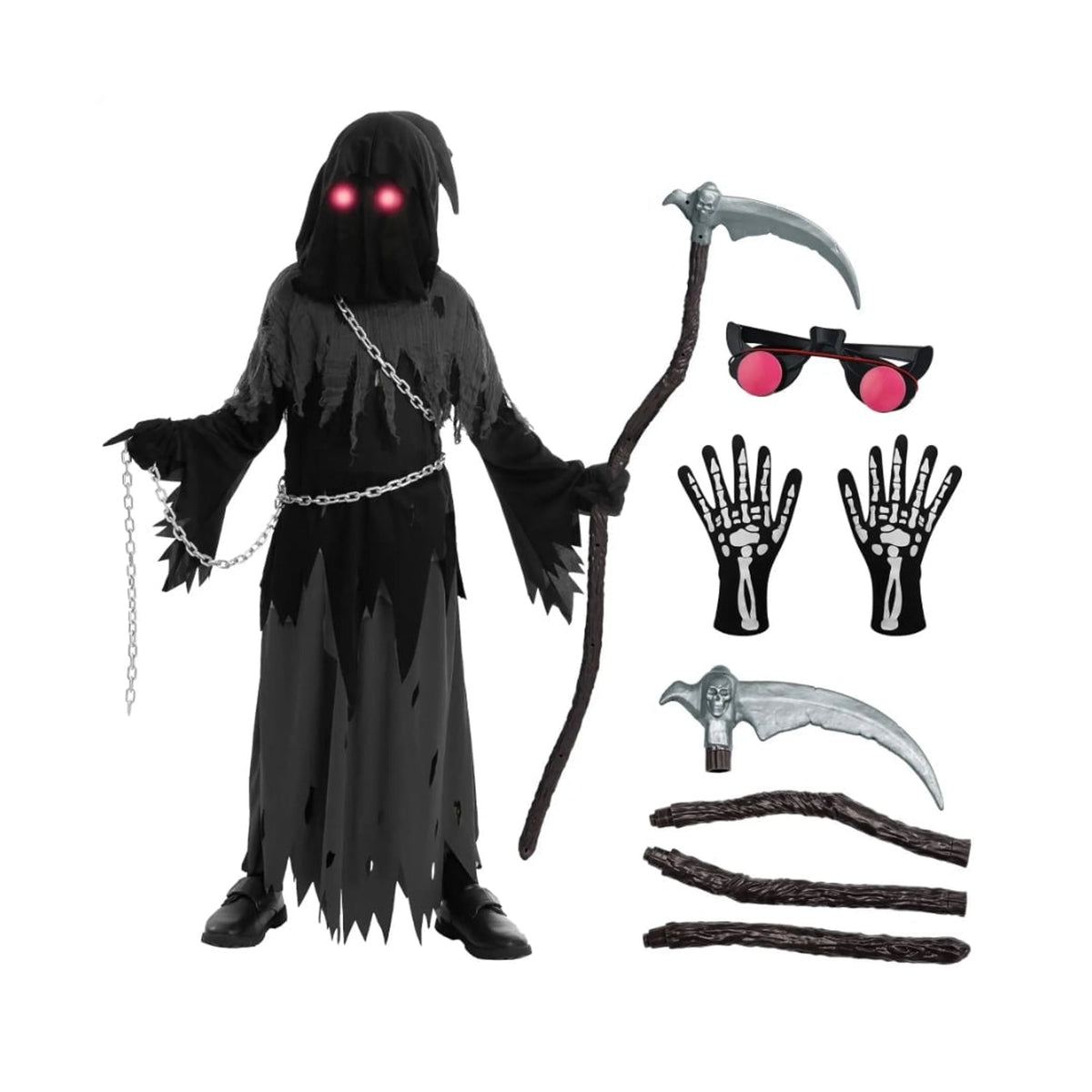Kids Halloween Costume Grim Reaper Hooded Robe Set With Glowing Eyes