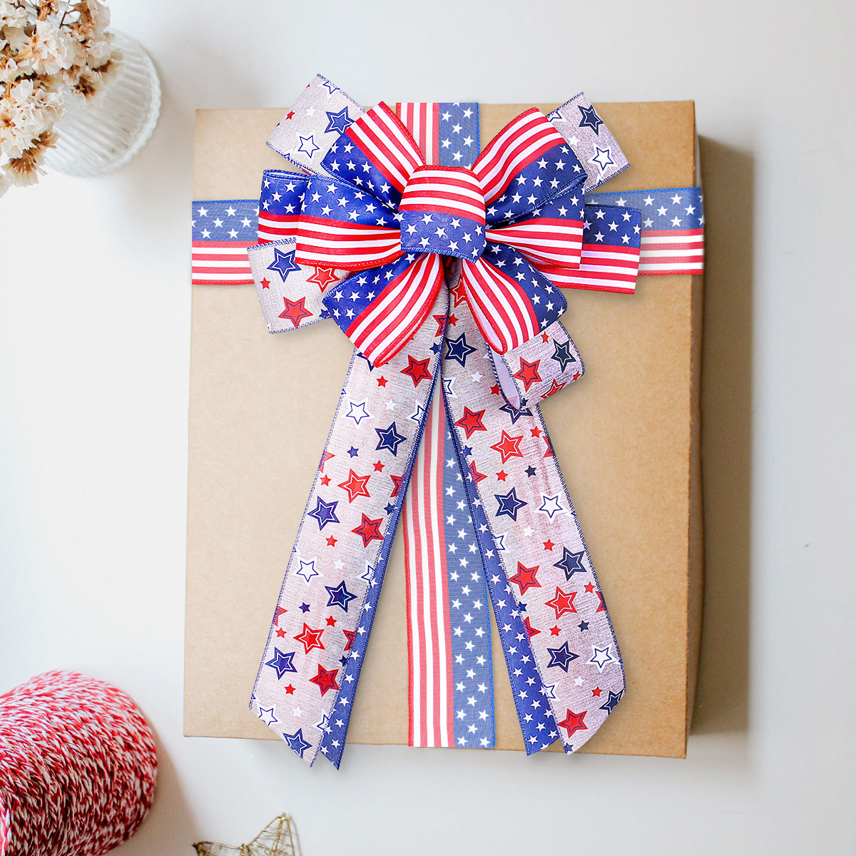 Large Unisex Bow with Star Pattern and Long Ribbons for Wreath and Vehicle Decoration