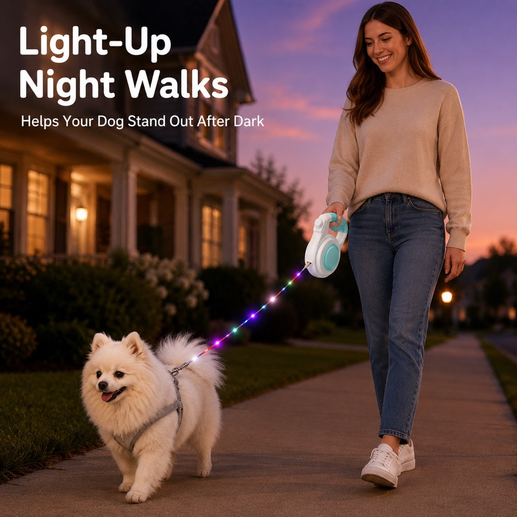 Boneroshop Rechargeable Light-Up Retractable Dog Leash for Night Walks - Helps Small Dogs Stay Visible & Easy to Control