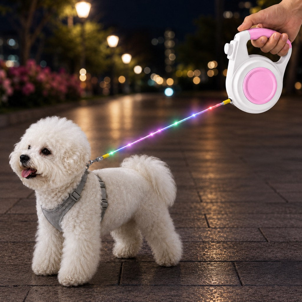 Boneroshop Rechargeable Light-Up Retractable Dog Leash for Night Walks - Helps Small Dogs Stay Visible & Easy to Control