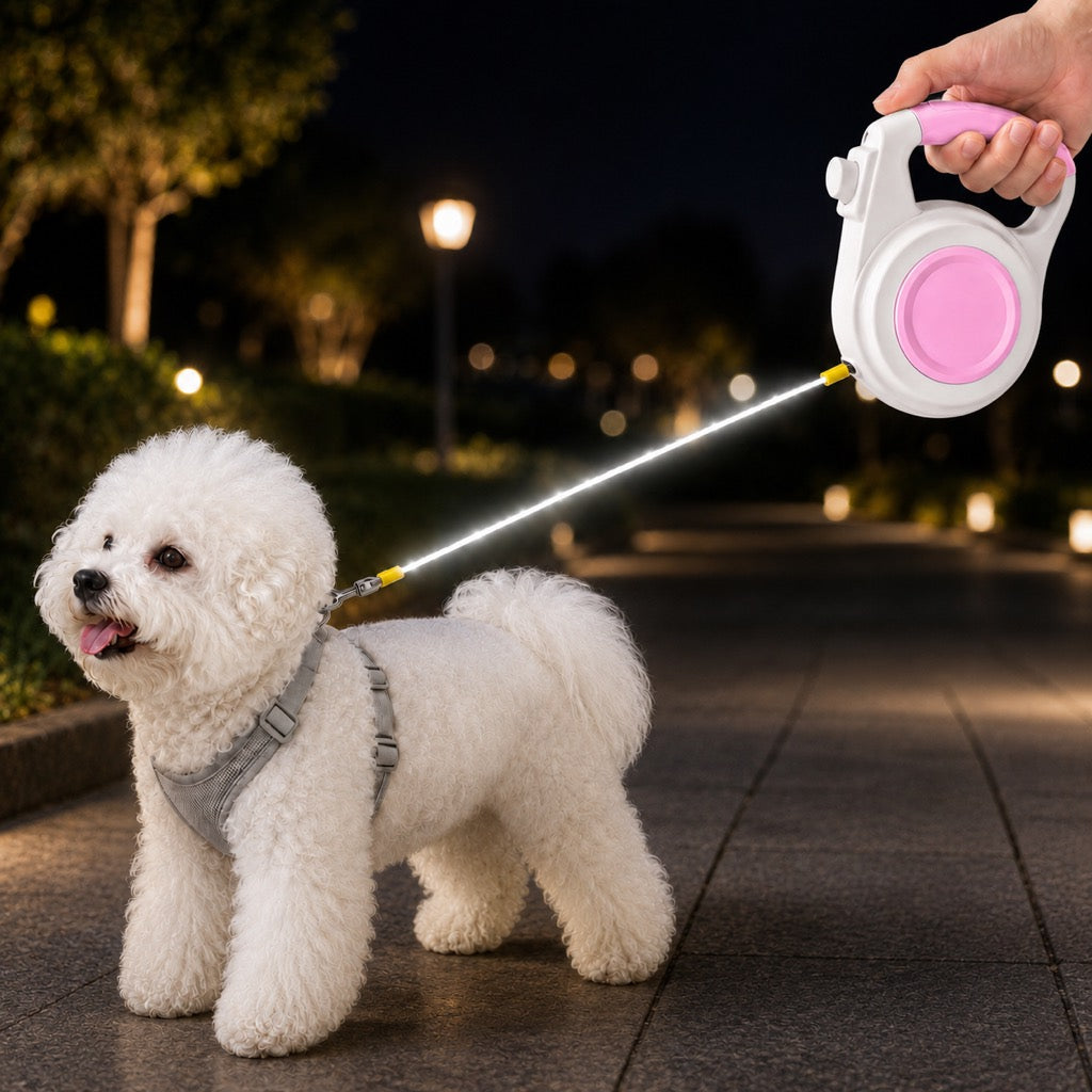 Boneroshop Rechargeable Light-Up Retractable Dog Leash for Night Walks - Helps Small Dogs Stay Visible & Easy to Control