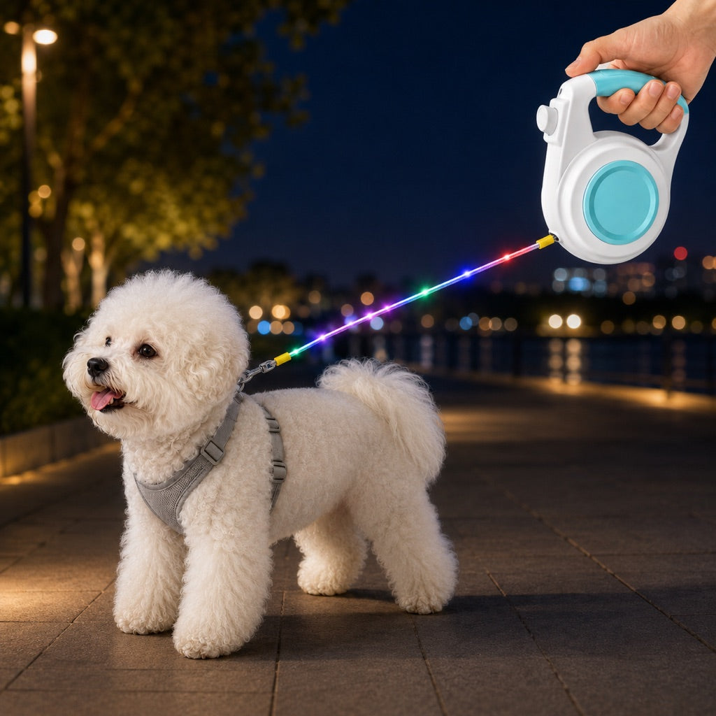 Boneroshop Rechargeable Light-Up Retractable Dog Leash for Night Walks - Helps Small Dogs Stay Visible & Easy to Control